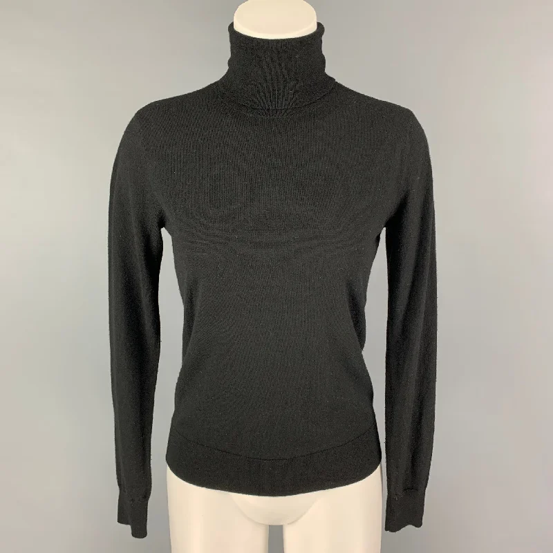 RALPH LAUREN Black Label Size M Black Merino Wool Turtleneck Sweater Real Fur Shearling Chenille