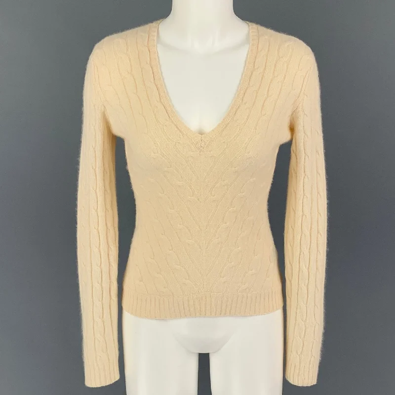 RALPH LAUREN Black Label Size M Cream Cashmere Cable Knit V-Neck Sweater Casual Formal Business
