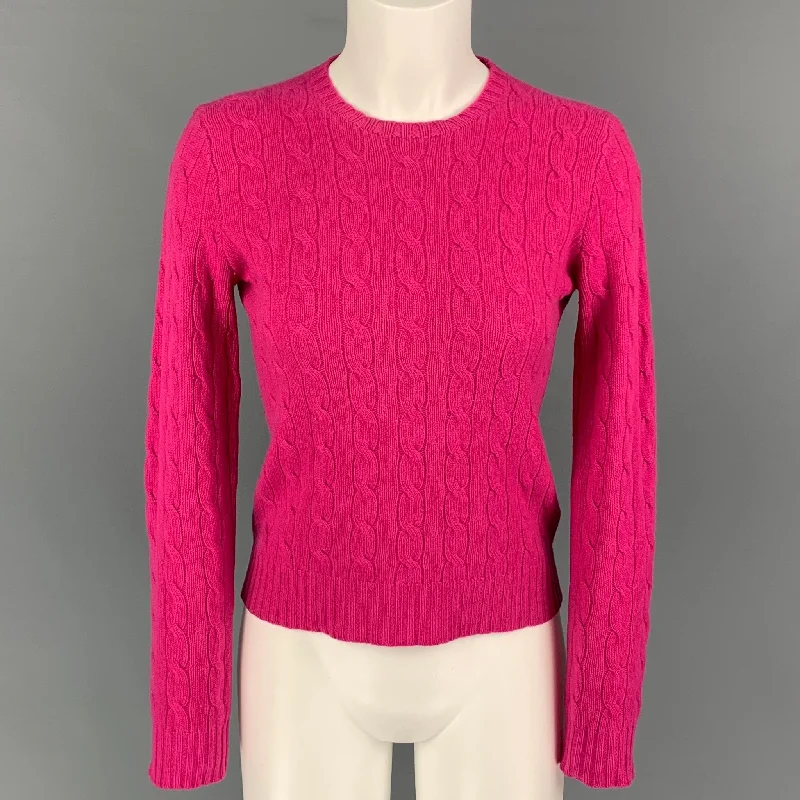 RALPH LAUREN Black Label Size M Raspberry Cashmere Cable Knit Crew-Neck Sweater Anti-Pilling Anti-Shrink Durable