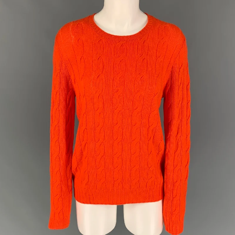 RALPH LAUREN Collection Size L Orange Cashmere Cable Knit Crew-Neck Sweater Open Front Closed Front Wrap Front