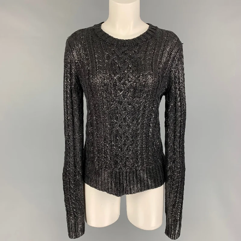 RALPH LAUREN Collection Size M Black Silk Cable Knit Crew-Neck Sweater Rayon Fabric Velvet Fabric Corduroy Fabric