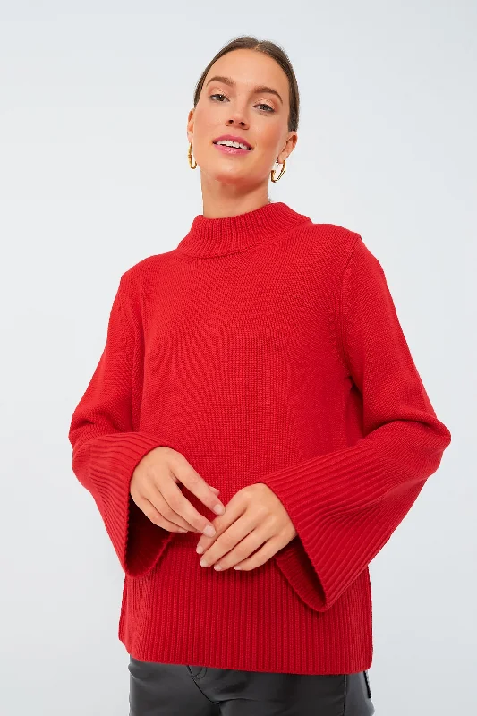 Red Crewneck Spencer Sweater Solid Print Embellished