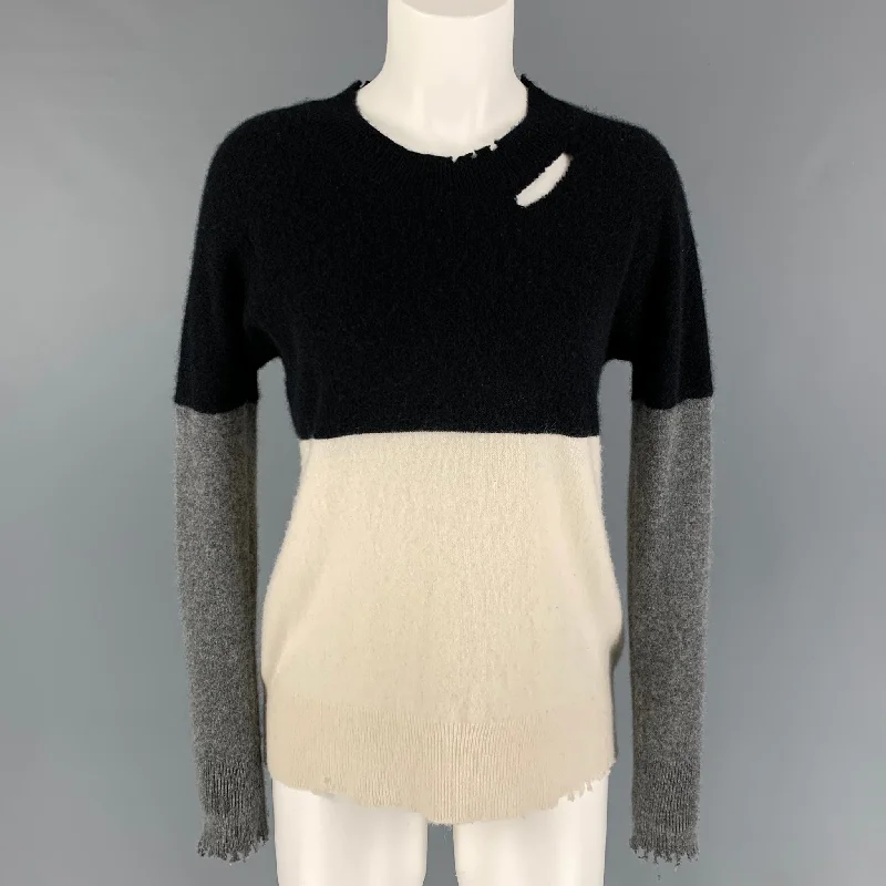 RtA Size S Black Grey White Cashmere Color Block Distressed Sweater Striped Floral Plaid