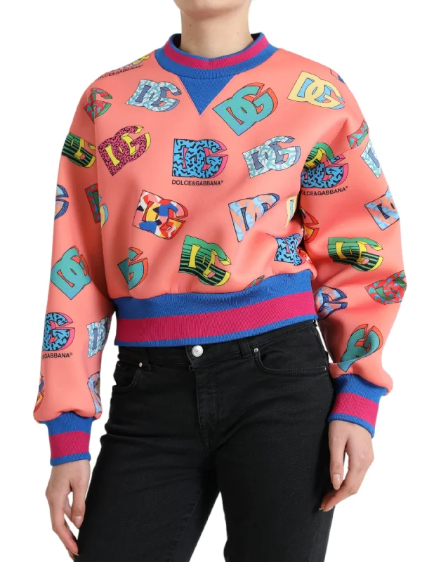Salmon Pink Logo Sweater - Crew Neck Elegance Ribbed Striped Patterned