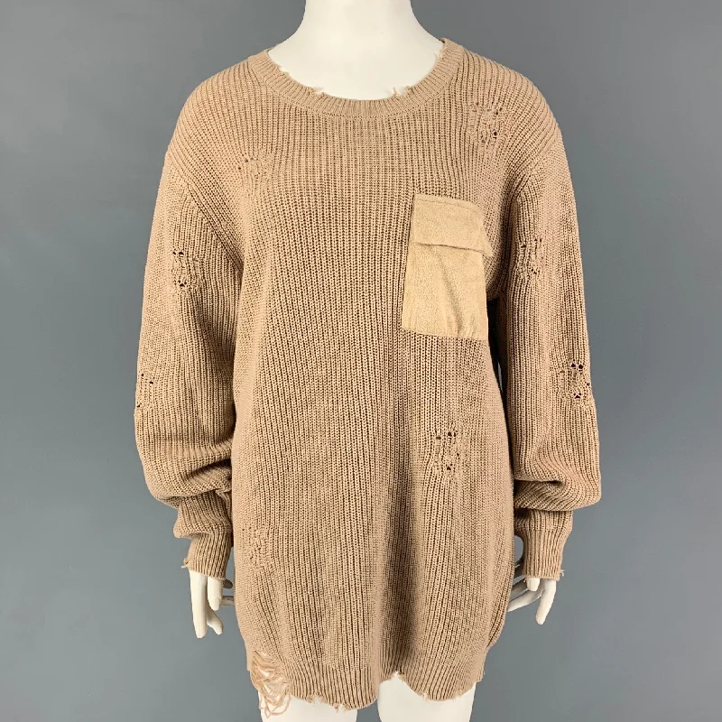 SER.O.YA Size L Beige Cotton Distressed Sweater Collared Crew Neck Turtle Neck
