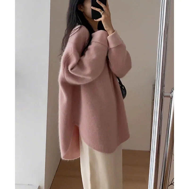 Spring Women New Korean Sweater Loose Knitting Warm Round Neck Falling Shoulder Sleeves Long Sleeved Solid Color All-match Tops Modern Contemporary Chic