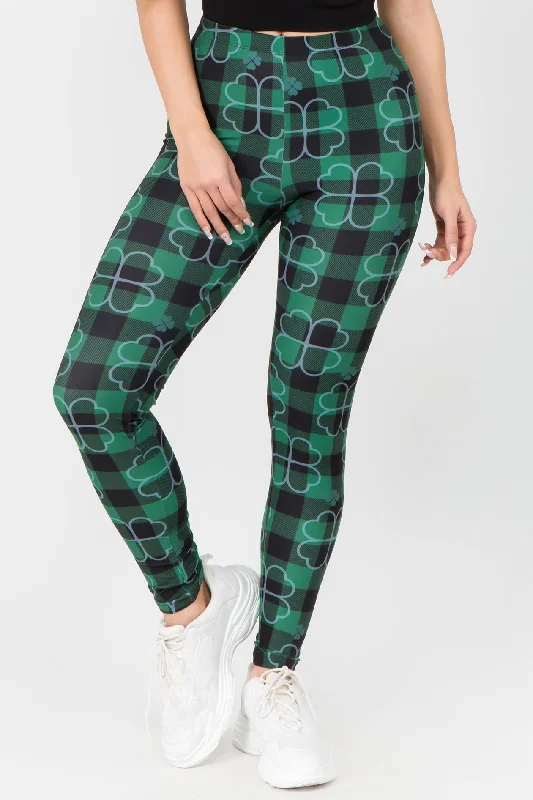 Stay Lucky Plaid 4-Leaf Clover Printed Leggings Stylish Camo Print Leggings