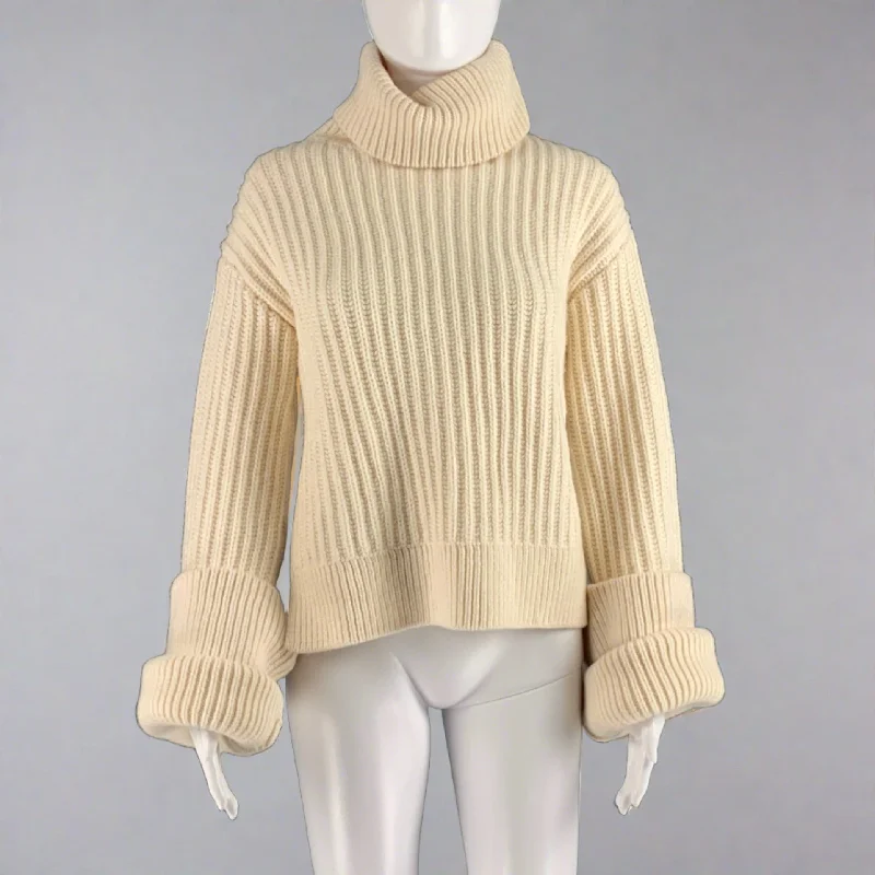 THE ROW Size XS Cream Wool Ribbed Turtleneck Sweater Fleece Fabric Down Fabric Feather Fabric