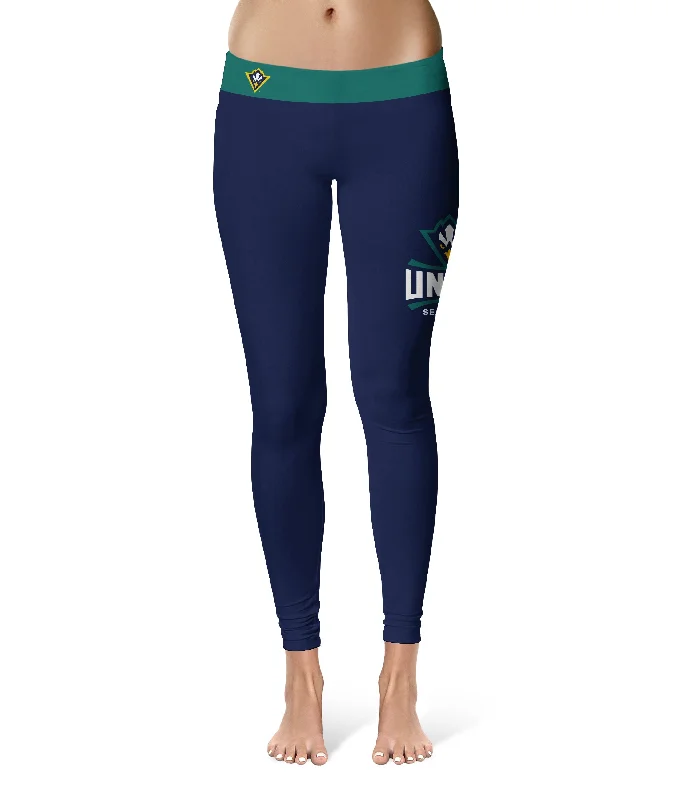 UNC Wilmington Seahawks UNCW Game Day Logo on Thigh Blue Yoga Leggings for Women by Vive La Fete Comfortable Bootcut Workout Leggings