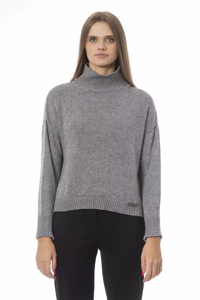 Gray Wool Women Sweater Solid Color Striped Floral Print