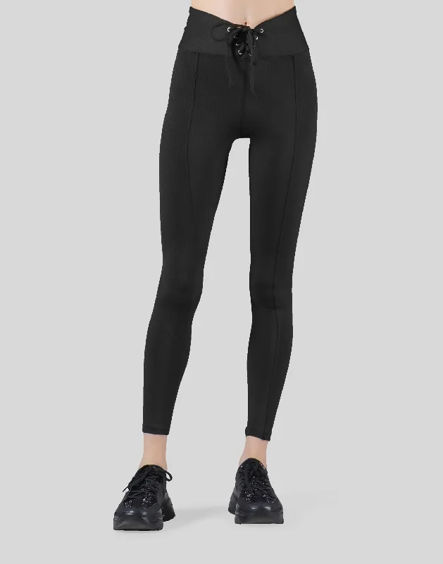 Ribbed Lace-Up Leggings - Black Trendy Digital Print Leggings