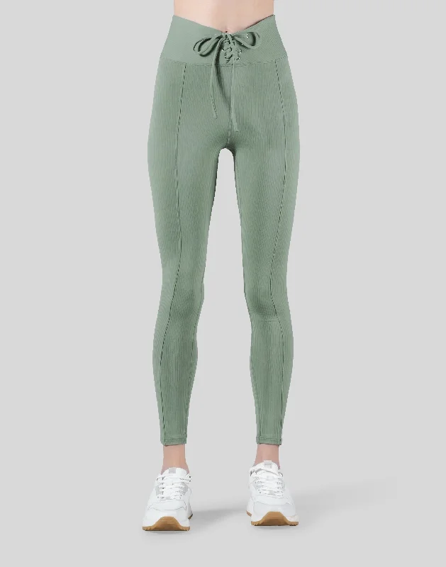 Ribbed Lace-Up Leggings - Melty Green Trendy Seamless Fit Leggings