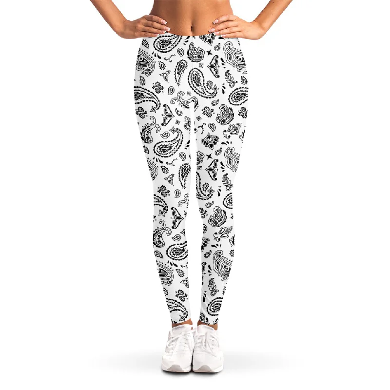 White Paisley Bandana Pattern Print Women's Leggings Trendy Sweat-Wicking Workout Leggings