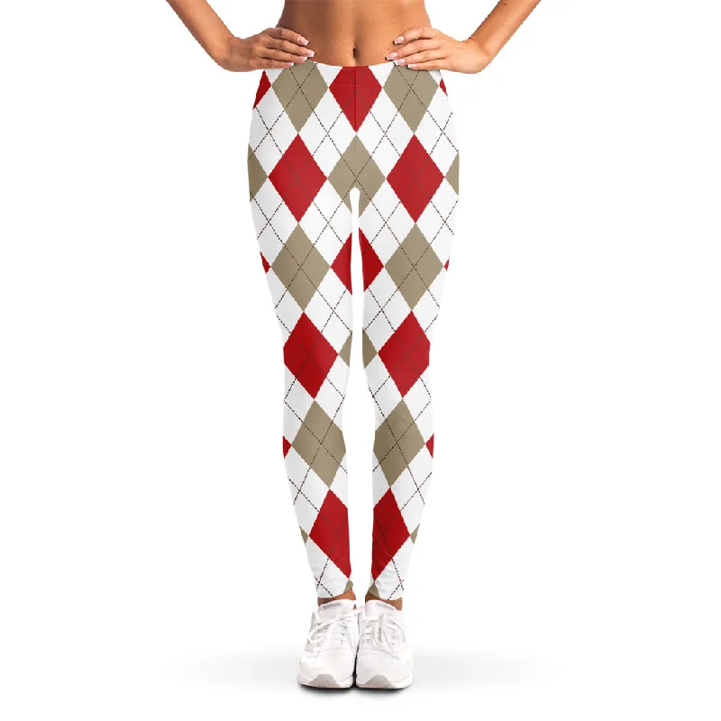 White Red And Beige Argyle Pattern Print Women's Leggings Comfortable Printed Workout Leggings