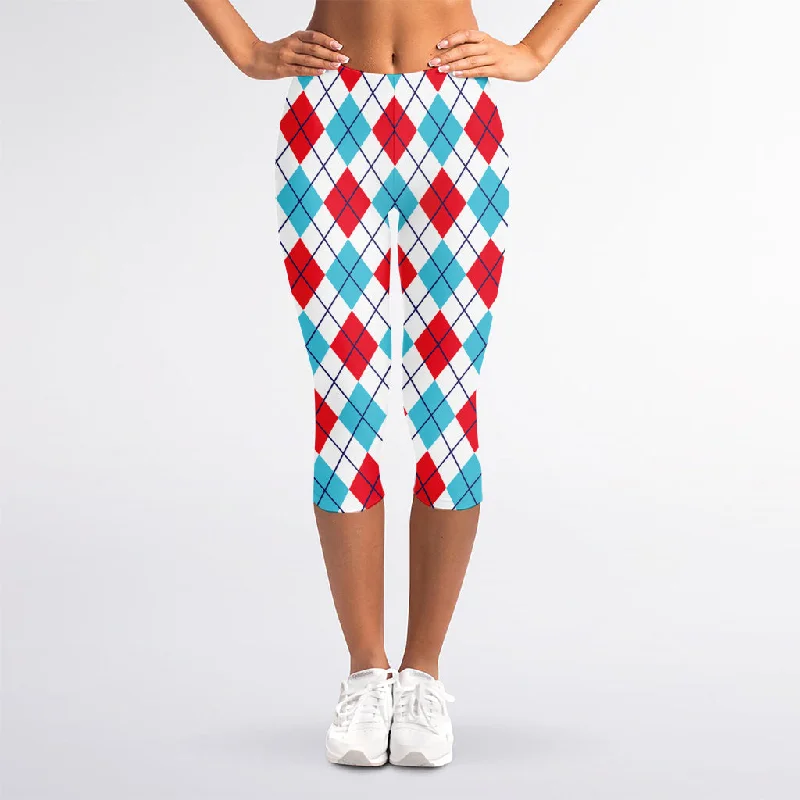 White Red And Blue Argyle Pattern Print Women's Capri Leggings Elegant Metallic Leggings