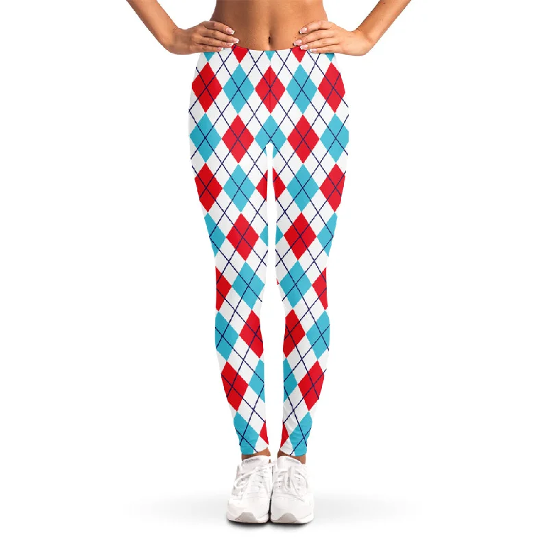 White Red And Blue Argyle Pattern Print Women's Leggings Trendy High-Compression Leggings