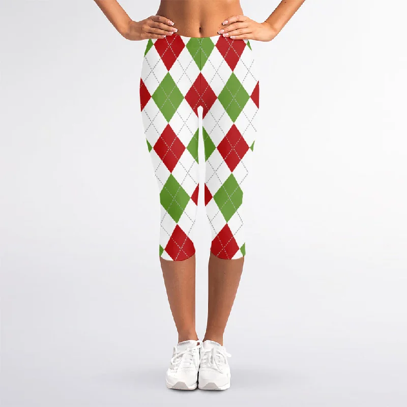 White Red And Green Argyle Pattern Print Women's Capri Leggings Elegant Velvet Leggings