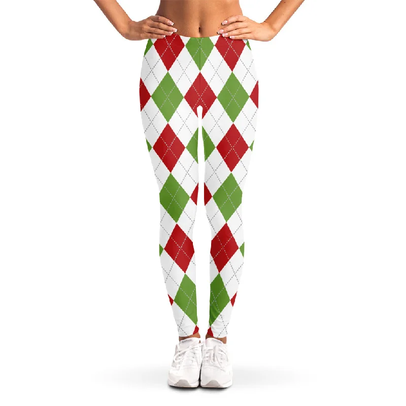 White Red And Green Argyle Pattern Print Women's Leggings Trendy Faux Suede Leggings