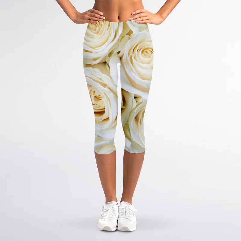 White Rose Print Women's Capri Leggings Classic Solid Color Leggings