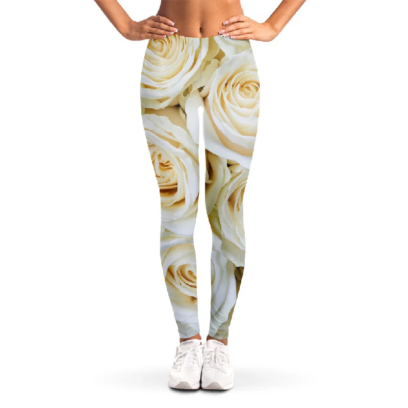 White Rose Print Women's Leggings Trendy Sporty Compression Leggings