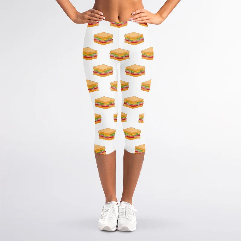 White Sandwiches Pattern Print Women's Capri Leggings Comfortable Wide-Band Leggings