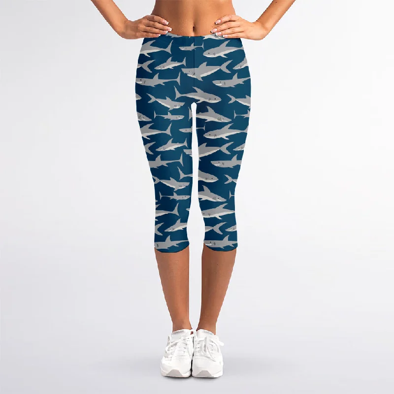 White Shark Pattern Print Women's Capri Leggings Trendy Sporty Compression Leggings