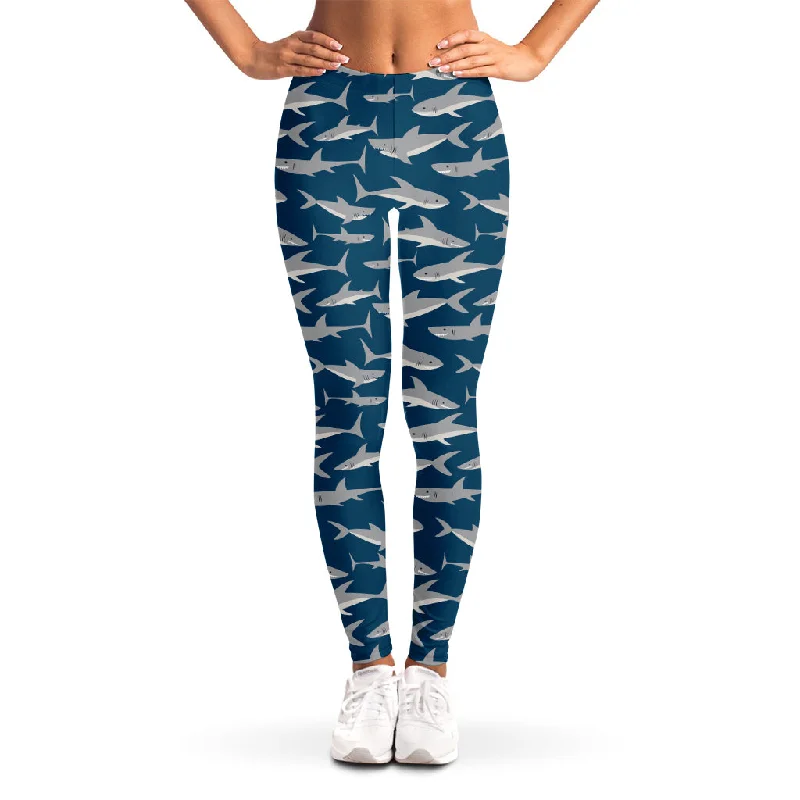 White Shark Pattern Print Women's Leggings Fashionable High-Rise Workout Leggings