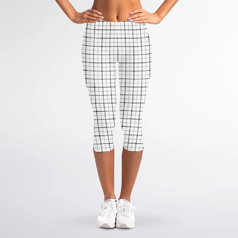 White Tattersall Pattern Print Women's Capri Leggings Elegant Printed Leggings with Pockets