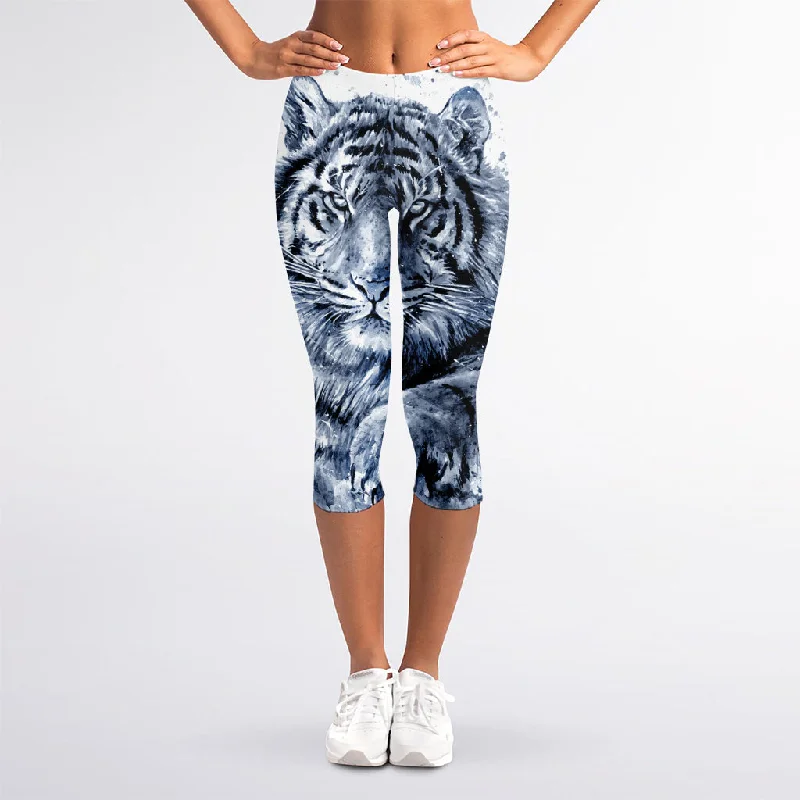 White Tiger Painting Print Women's Capri Leggings Cozy Yoga Compression Leggings