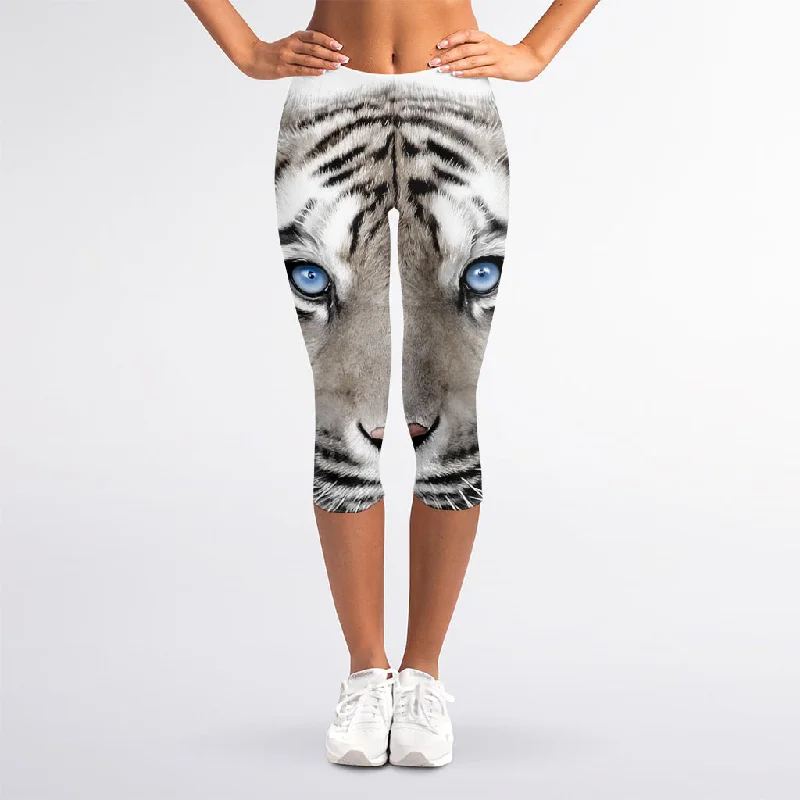 White Tiger Portrait Print Women's Capri Leggings Elegant Sheer Leggings