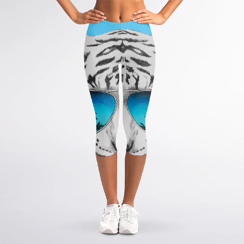 White Tiger With Sunglasses Print Women's Capri Leggings Fashionable Leather-Look Leggings