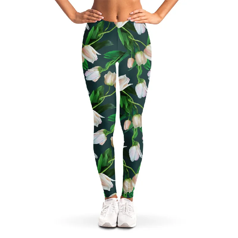 White Tulip Pattern Print Women's Leggings Elegant Shiny Black Leggings