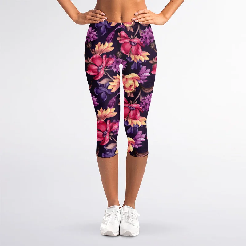 Wild Flower Print Women's Capri Leggings Fashionable Plus-Size Activewear