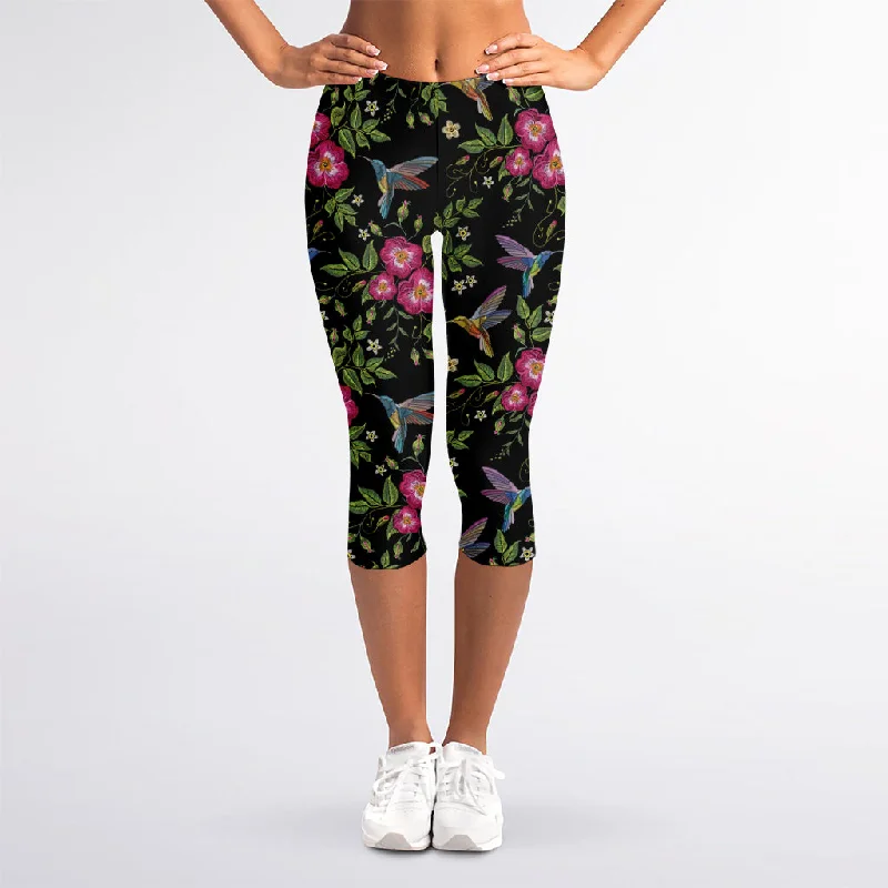 Wild Flowers And Hummingbird Print Women's Capri Leggings Cozy Reflective Detail Leggings