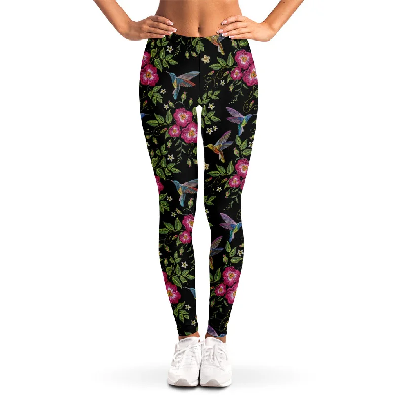 Wild Flowers And Hummingbird Print Women's Leggings Casual Sporty Leggings