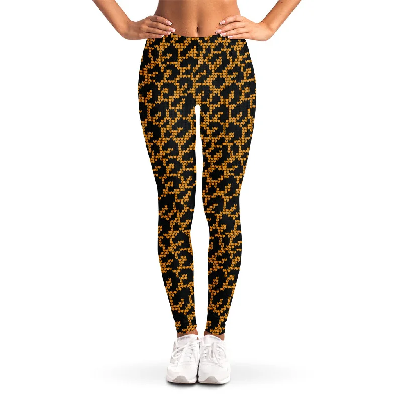 Wild Leopard Knitted Pattern Print Women's Leggings Trendy Cut-Out Activewear Leggings