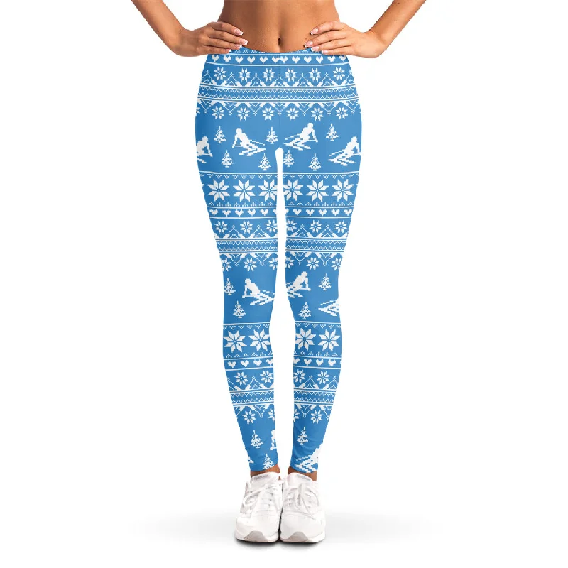 Winter Ski Knitting Pattern Print Women's Leggings Comfortable Fleece-Lined Leggings