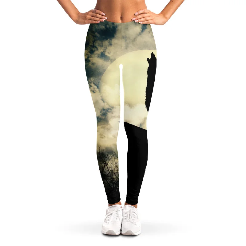 Wolf Howling At The Full Moon Print Women's Leggings Fashionable Stretchy Fit Leggings