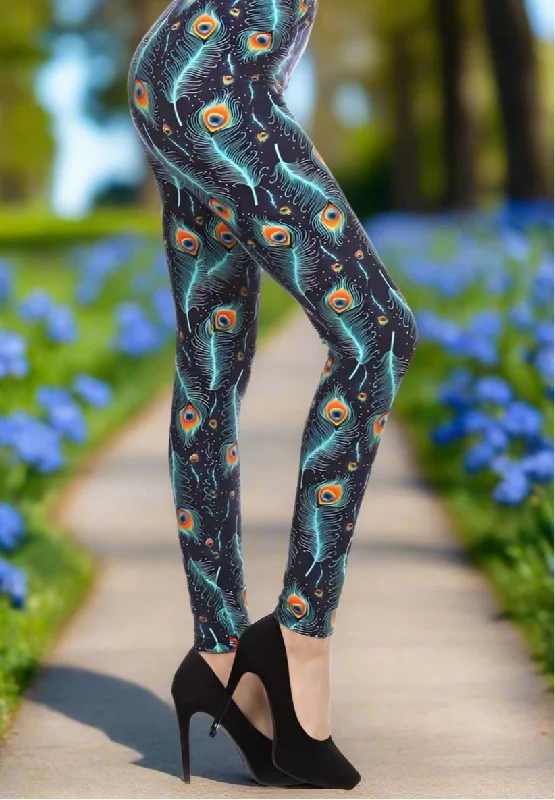 Womens Peacock Leggings, Soft Yoga Pants, Sizes 0-18, Blue/Orange, No-Roll Waist Stylish Ultra Stretch Leggings