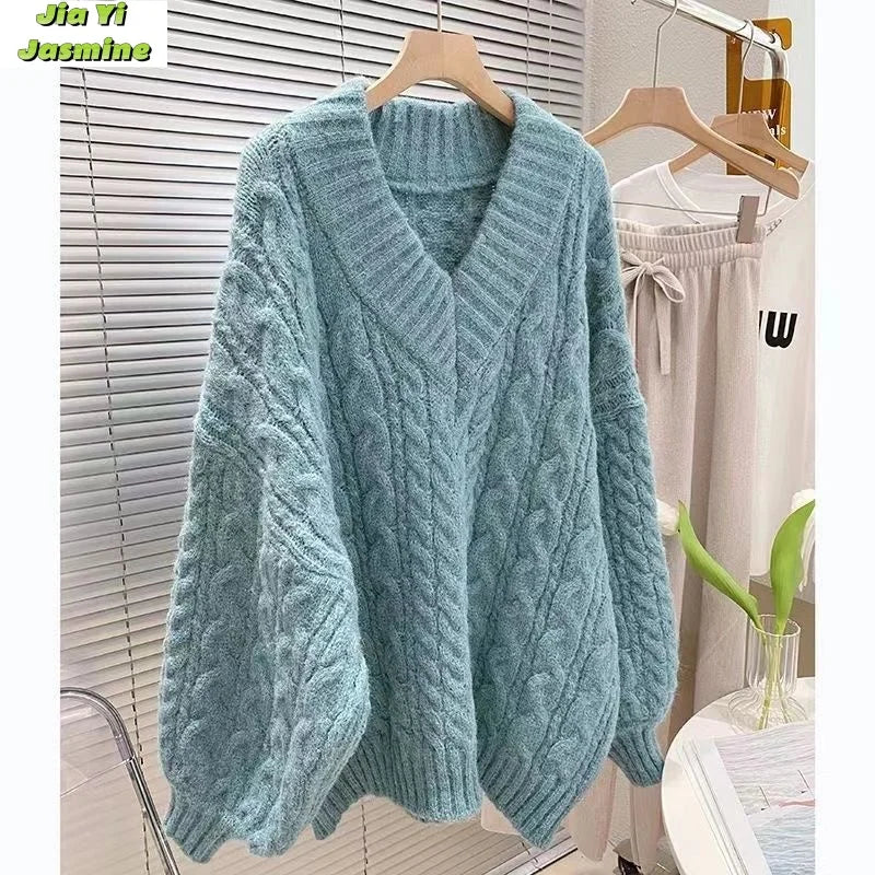 Women's Autumn and Winter Fashion Loose Outer Wear Lazy Style Niche Warm Knit Sweater Top Welt Pockets Slit Pockets Flap Pockets