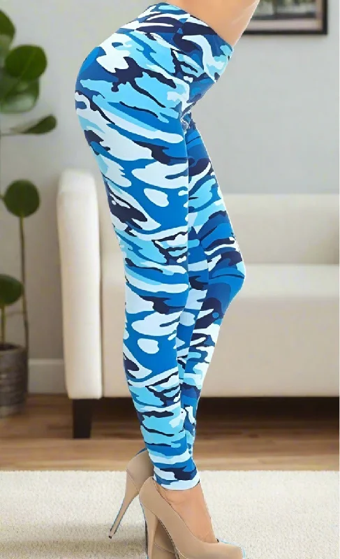 Womens Blue Camouflage Leggings, Soft Yoga Pants, Sizes OS/TC, Yoga Waist, Blue/Black Comfortable Fleece-Lined Leggings