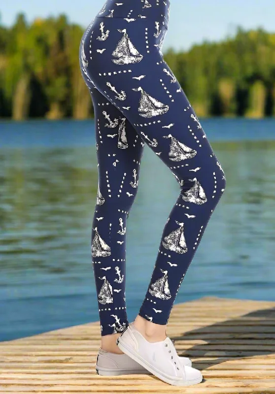 Womens Nautical Boat Leggings, Soft Yoga Pants, Blue/White, Sizes 0-20, Yoga Waist Fashionable Fitted Workout Leggings