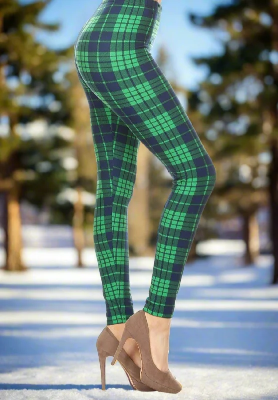 Womens Christmas Green Plaid Leggings, Soft Yoga Pants, Sizes 0-18, No-Roll Waist, Blue/Green Stylish Sweatproof Leggings