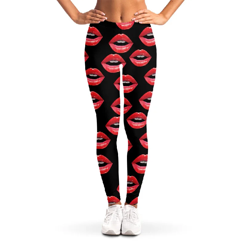 Women's Lips Pattern Print Women's Leggings Fashionable Embroidered Detail Leggings