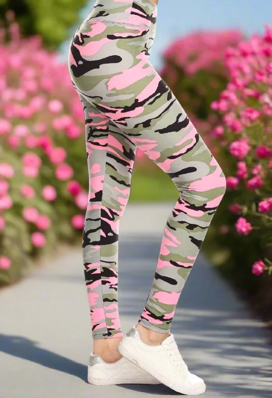 Womens Pink Camouflage Leggings, Soft Yoga Pants, Sizes 0-20, Yoga Waist, Pink/Gray Stylish Stretch-Waist Leggings