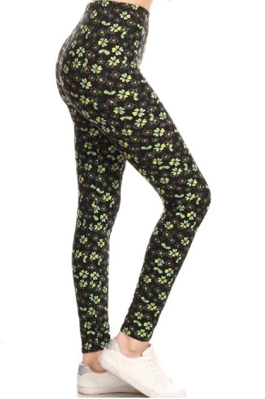 Womens St. Patrick Day Shamrock Leggings, Soft Yoga Pants, Sizes 0-20, Yoga Waist, Green/Black Comfortable Printed Workout Leggings