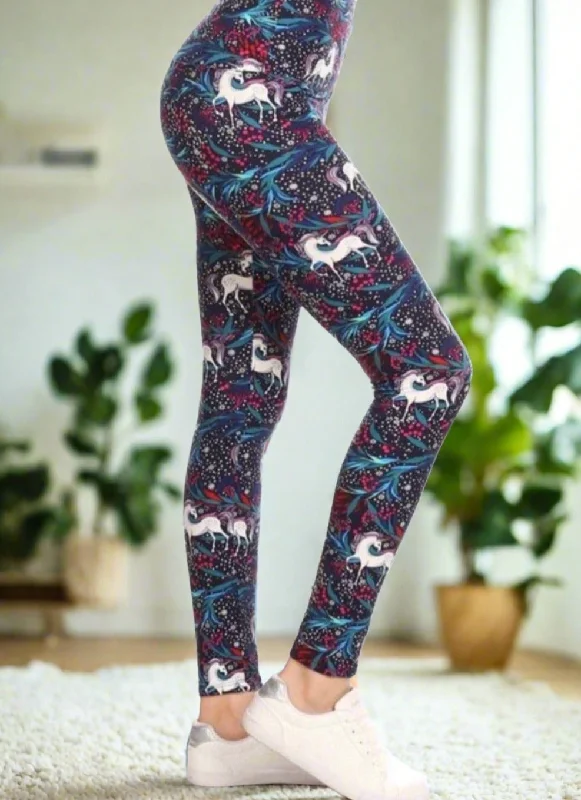 Womens Unicorn Leggings, Soft Yoga Pants, Sizes 0-20, Yoga Waist, Blue/White Fashionable Embroidered Detail Leggings