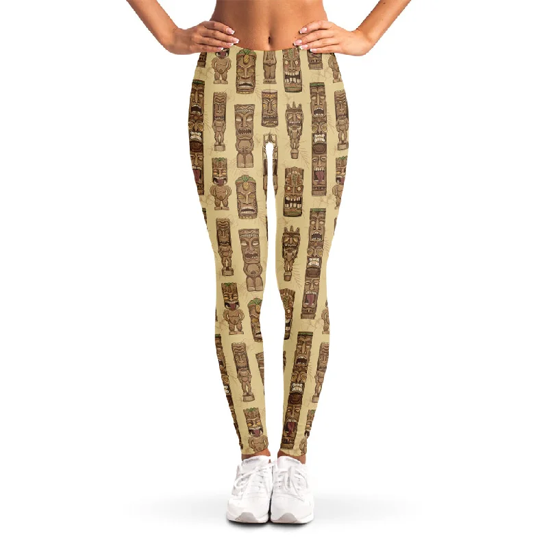 Wooden Tiki Pattern Print Women's Leggings Trendy Full-Length Leggings