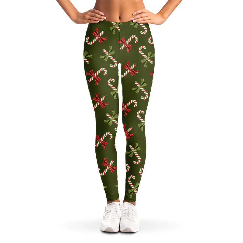 Xmas Candy Cane Pattern Print Women's Leggings Trendy Spandex Leggings