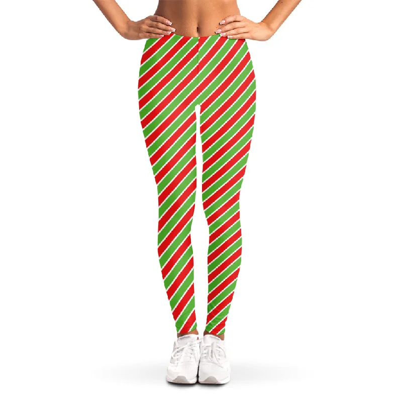 Xmas Candy Cane Stripes Print Women's Leggings Comfortable Slip-On Leggings